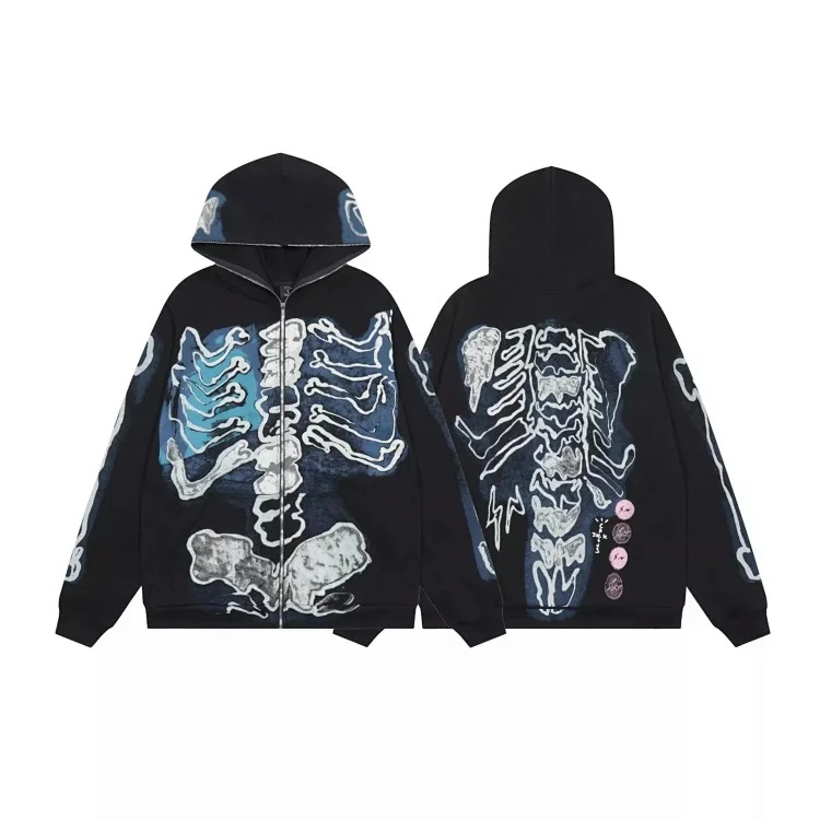 Cross-border version Travis Scott skeleton skeleton velvet hooded sweatshirt for men and women high 