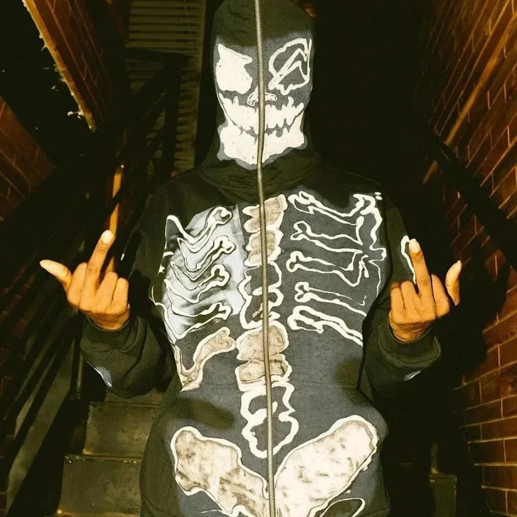 Cross-border version Travis Scott skeleton skeleton velvet hooded sweatshirt for men and women high street cardigan jacket