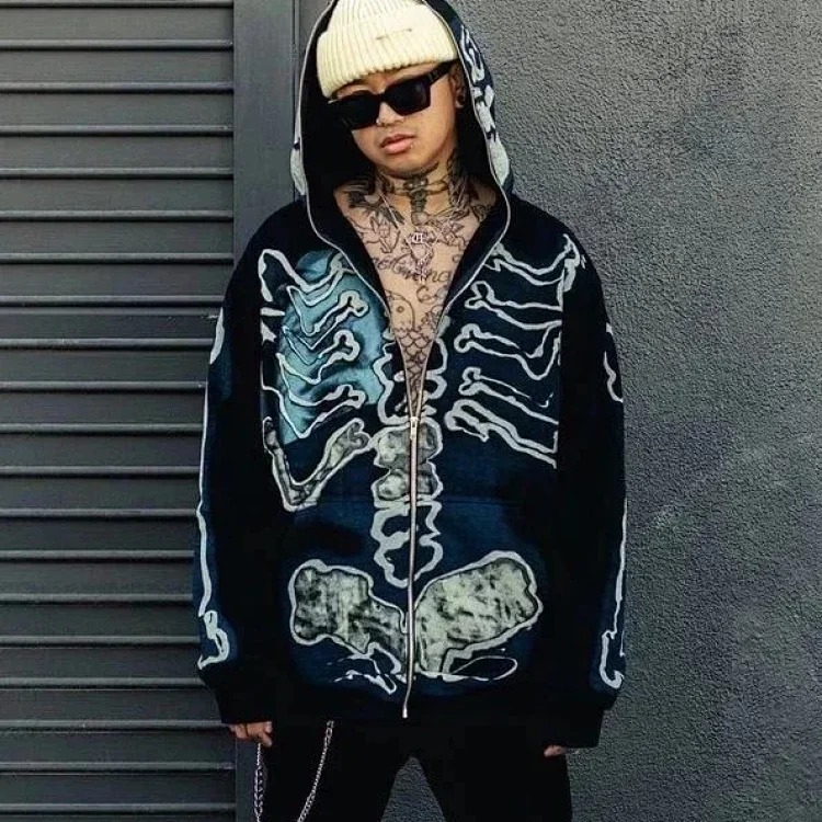 Cross-border version Travis Scott skeleton skeleton velvet hooded sweatshirt for men and women high street cardigan jacket