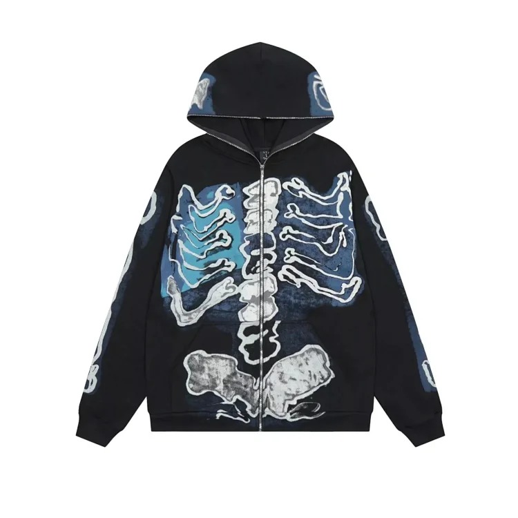 Cross-border version Travis Scott skeleton skeleton velvet hooded sweatshirt for men and women high street cardigan jacket