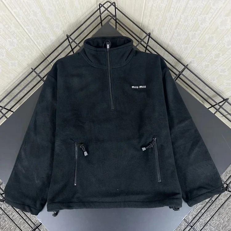 Mi*umiu 2024 Autumn and Winter New Style Black Half-Zip Lambswool Polar Fleece Teddy Jacket with Sma