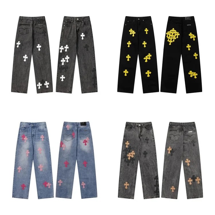 Chr*ome Hearts high-quality leather cross men's and women's American straight-through loose jeans
