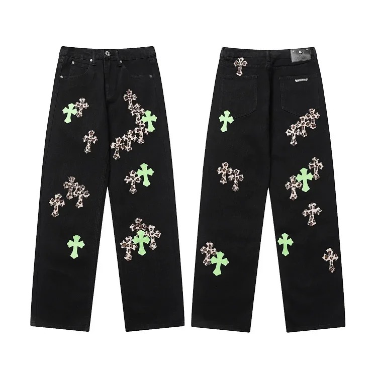 Chr*ome Hearts high-quality leather cross men's and women's American straight-through loose jeans