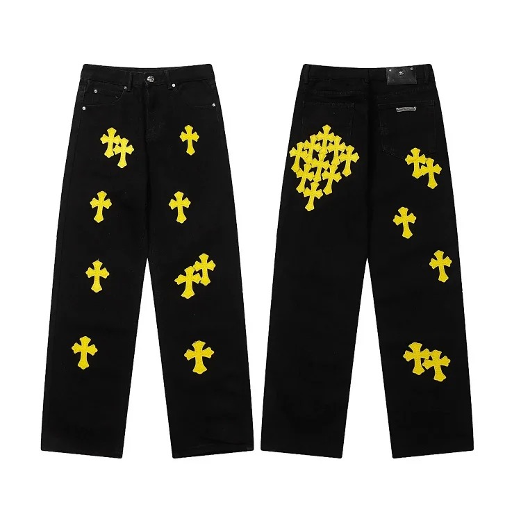Chr*ome Hearts high-quality leather cross men's and women's American straight-through loose jeans