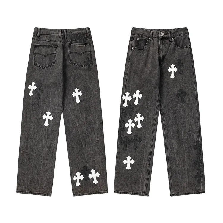 Chr*ome Hearts high-quality leather cross men's and women's American straight-through loose jeans