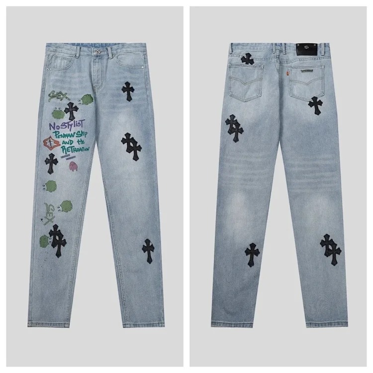 Chr*ome Hearts high-quality leather cross men's and women's American straight-through loose jeans