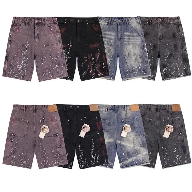 Beautiful trendy hell denim straight-leg five-quarter pants retro casual shorts diamond wash pants s