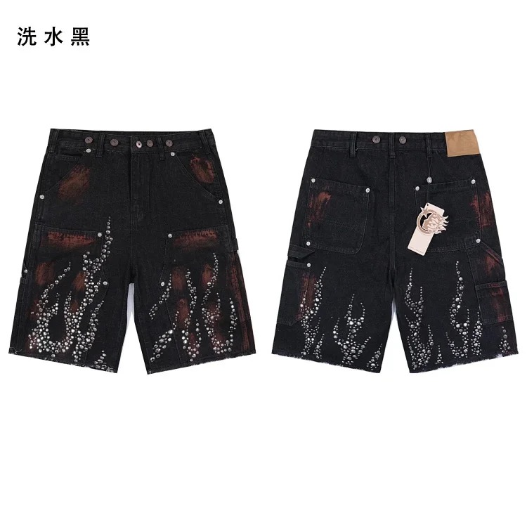 Beautiful trendy hell denim straight-leg five-quarter pants retro casual shorts diamond wash pants street