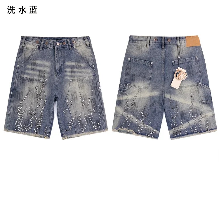 Beautiful trendy hell denim straight-leg five-quarter pants retro casual shorts diamond wash pants street