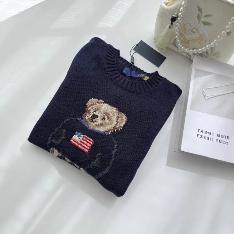 Bear's new autumn and winter pure cotton heavy embroidery cartoon round neck knitted sweater