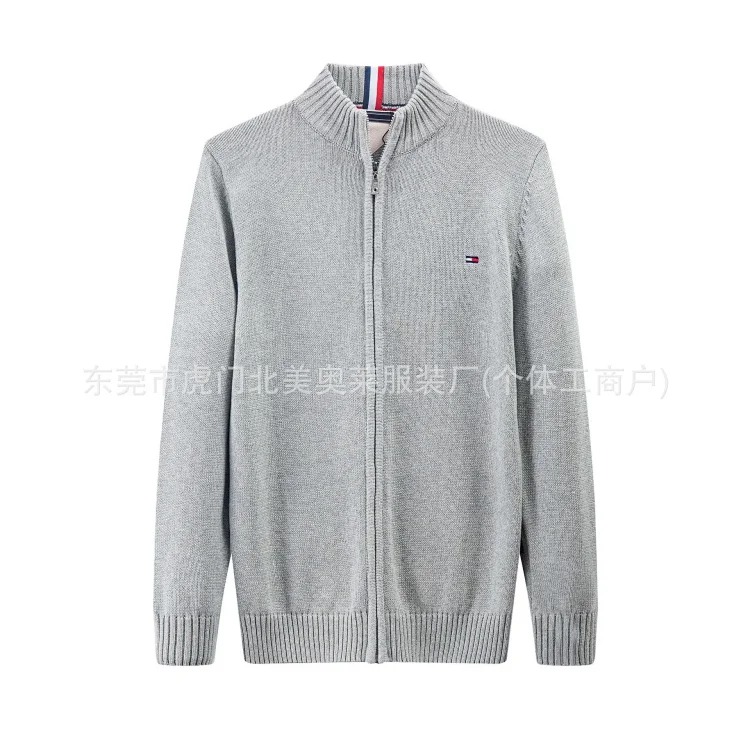 Men's sweater thickened stand collar zipper pullover sweater men's pure cotton embroidered sweater