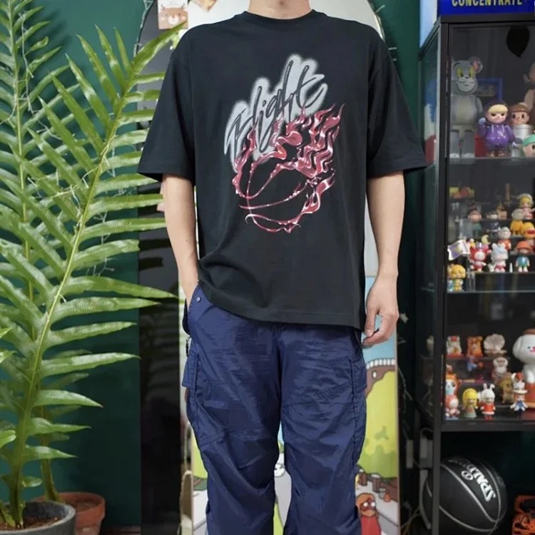 Heavyweight Travis Scott Cactus jack flame print rhinestone round neck pullover short-sleeved T-shir