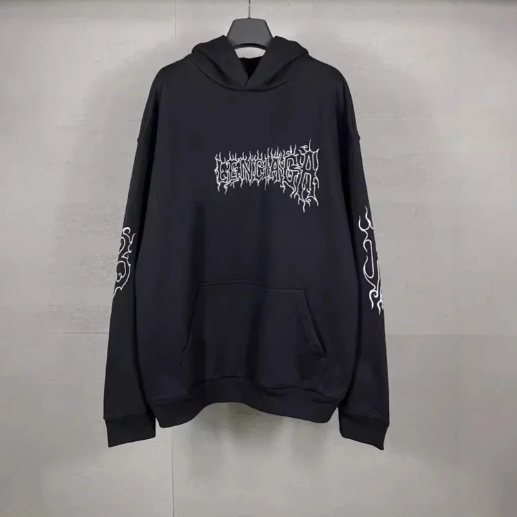 B Tower LOGO printed worn distressed OS loose hooded sweatshirt