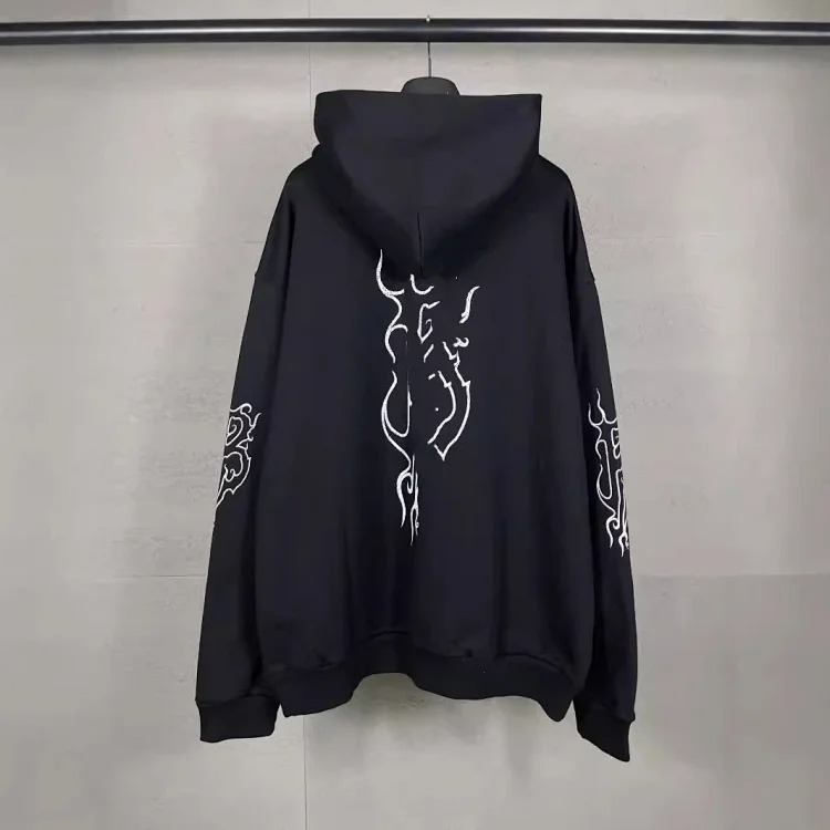 B Tower LOGO printed worn distressed OS loose hooded sweatshirt