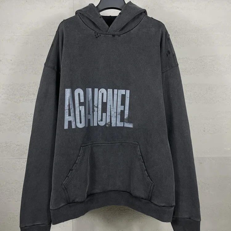 B Tower LOGO printed worn distressed OS loose hooded sweatshirt