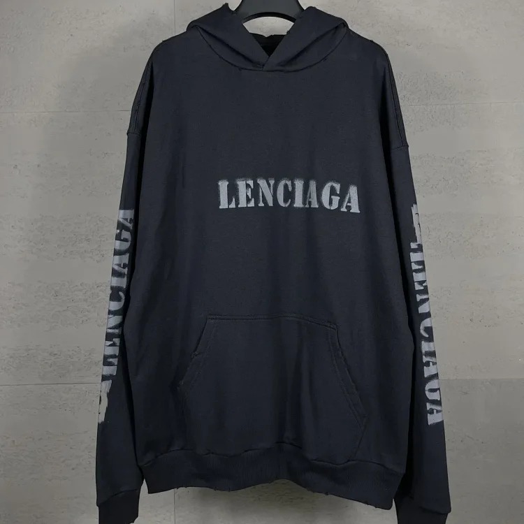B Tower LOGO printed worn distressed OS loose hooded sweatshirt