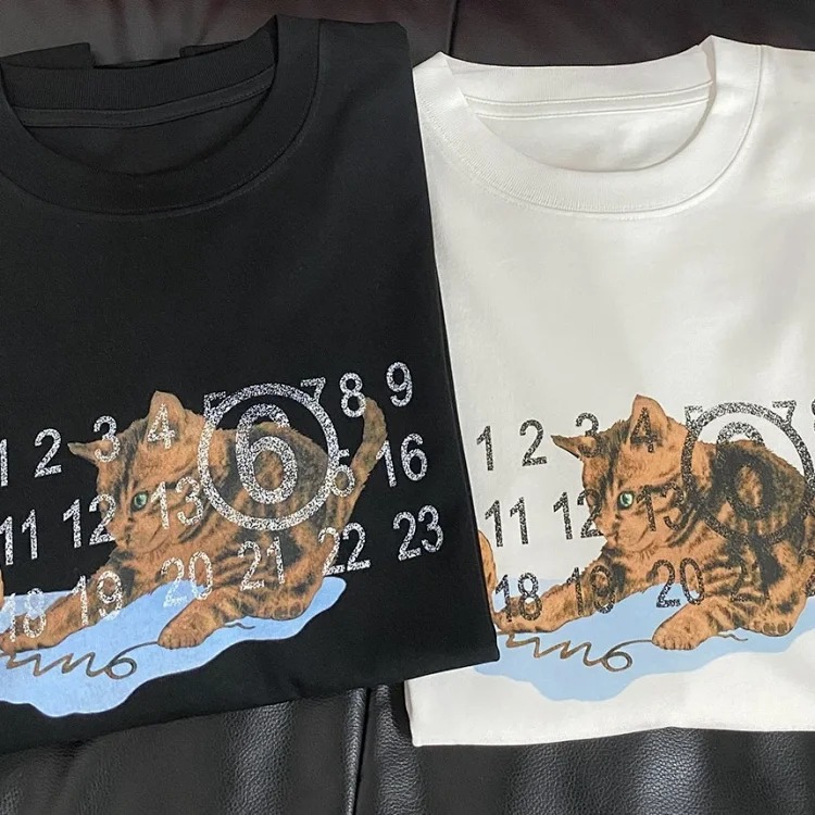 MM6 cat frosted print double yarn pure cotton short-sleeved T-shirt