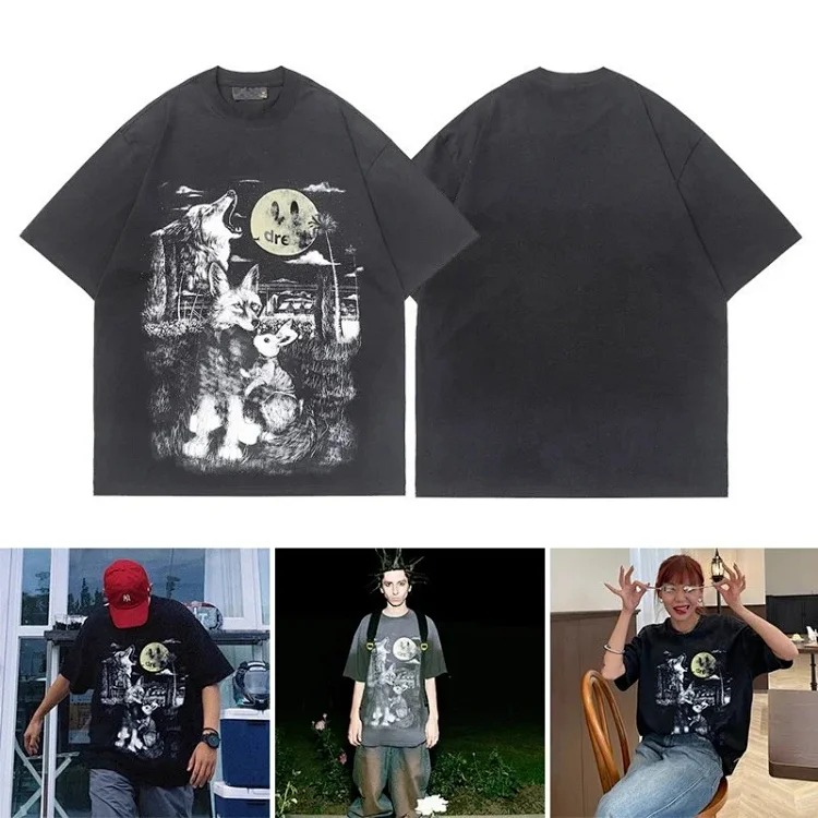 Currency Busters Drew Smiling Full Moon Big Bad Wolf Trendy Brand Men and Women Couples Pure Cotton 