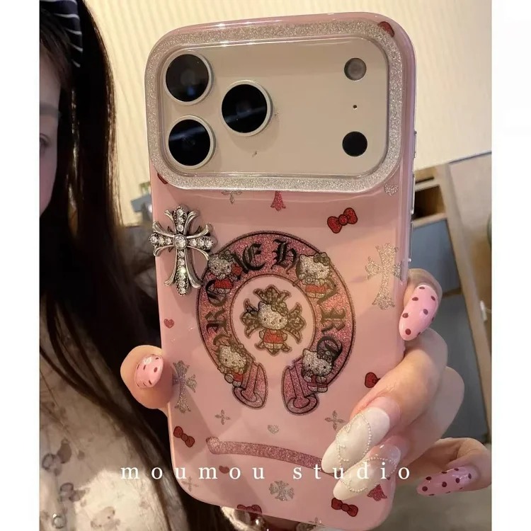 Trendy and cool cartoon glitter powder Crow Heart Cat suitable for iPhone17promax Apple 16 mobile phone case 15 new model 14