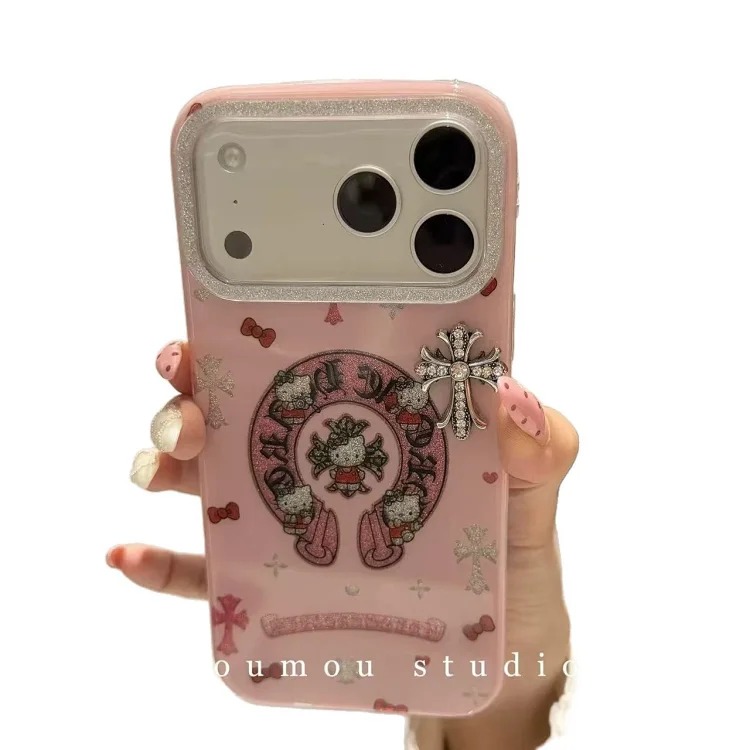 Trendy and cool cartoon glitter powder Crow Heart Cat suitable for iPhone17promax Apple 16 mobile phone case 15 new model 14