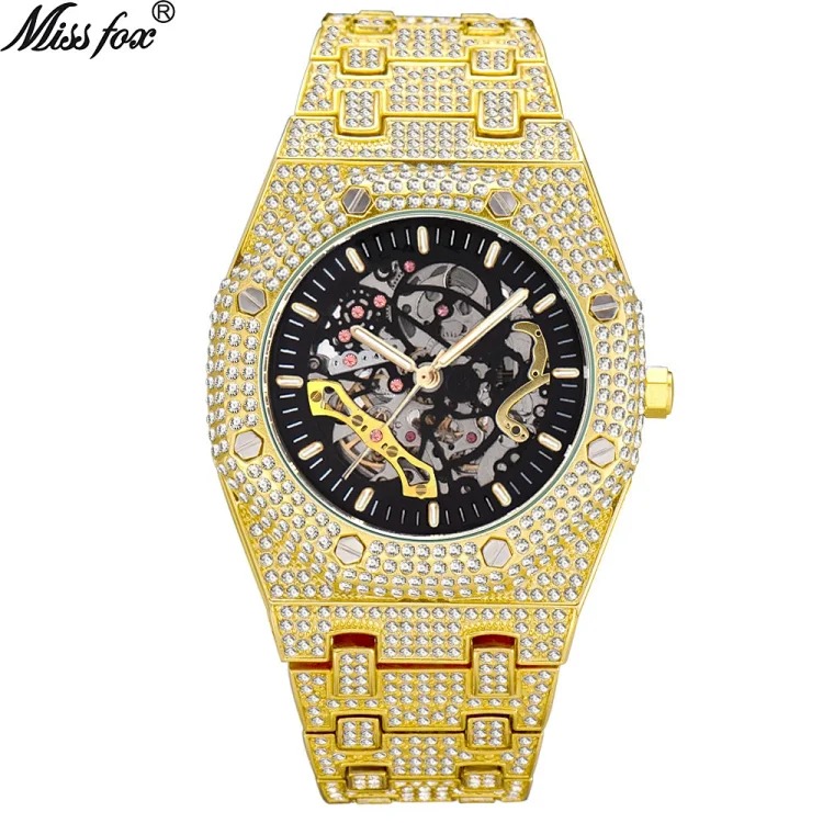 MISSFOX European and American popular full diamond hollow automatic mechanical watch waterproof luminous stainless steel men's watch
