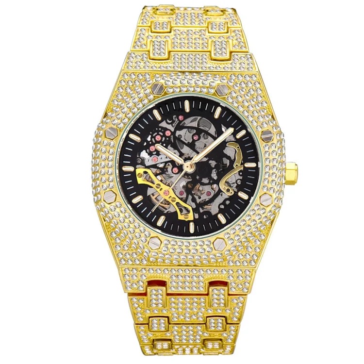 MISSFOX European and American popular full diamond hollow automatic mechanical watch waterproof luminous stainless steel men's watch