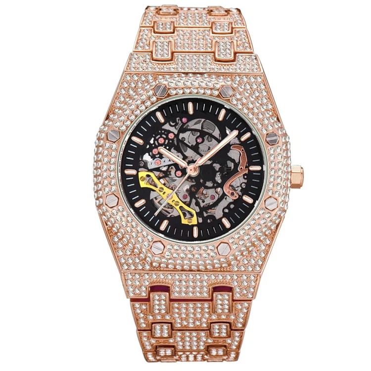 MISSFOX European and American popular full diamond hollow automatic mechanical watch waterproof luminous stainless steel men's watch