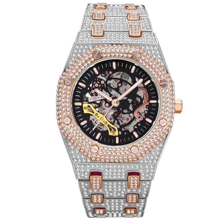 MISSFOX European and American popular full diamond hollow automatic mechanical watch waterproof luminous stainless steel men's watch