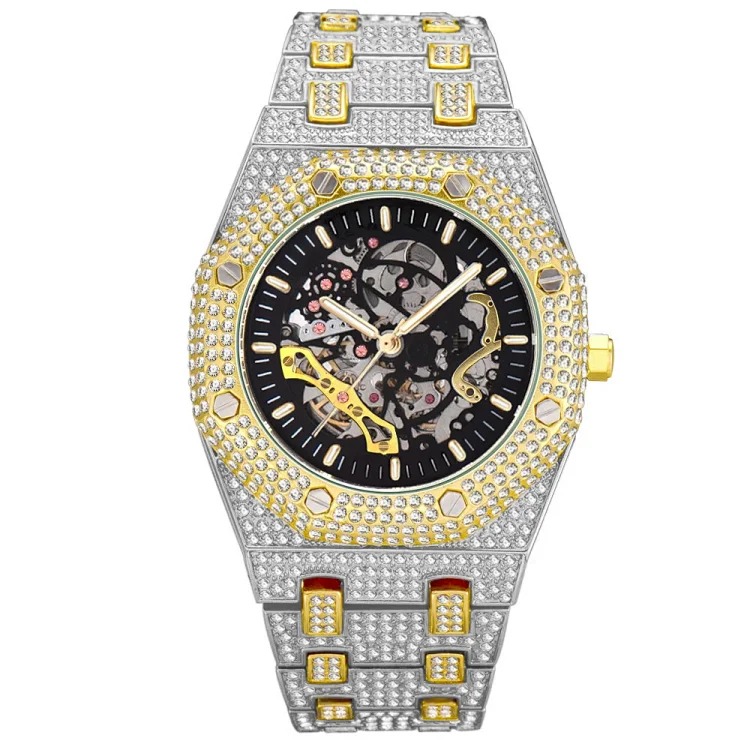 MISSFOX European and American popular full diamond hollow automatic mechanical watch waterproof luminous stainless steel men's watch