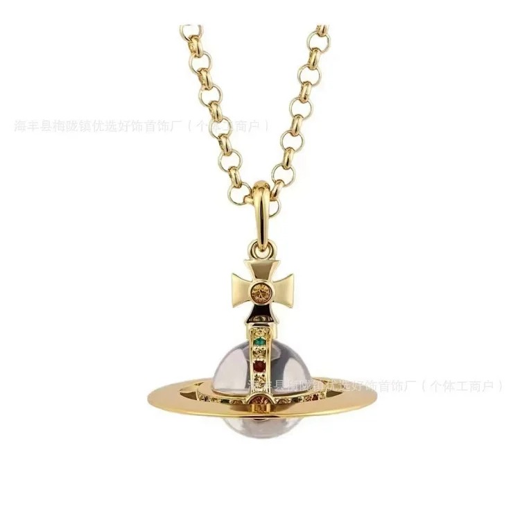 Cabinet-level quality Queen Mother Saturn full diamond brooch chain Saturn necklace paper clip clavicle chain for women