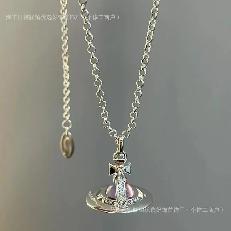 Cabinet-level quality Queen Mother Saturn full diamond brooch chain Saturn necklace paper clip clavicle chain for women