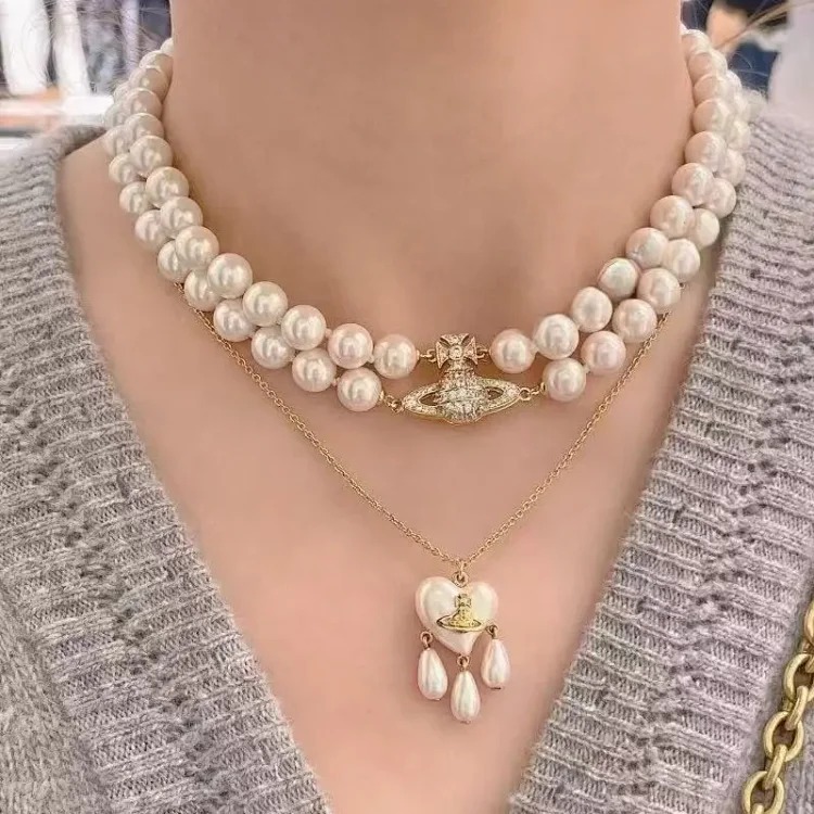 Cabinet-level quality Queen Mother Saturn full diamond brooch chain Saturn necklace paper clip clavicle chain for women