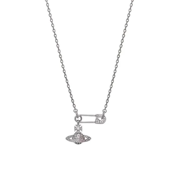 Cabinet-level quality Queen Mother Saturn full diamond brooch chain Saturn necklace paper clip clavicle chain for women
