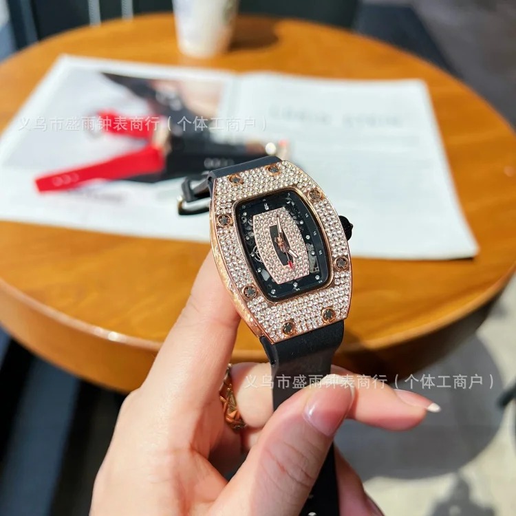 Richard's same style women's hollow quartz watch, barrel-shaped diamond-encrusted silicone band, fashionable and simple women's watch, full diamond watch