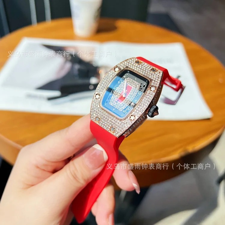 Richard's same style women's hollow quartz watch, barrel-shaped diamond-encrusted silicone band, fashionable and simple women's watch, full diamond watch
