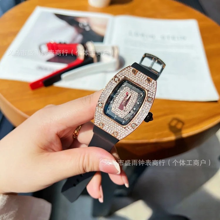 Richard's same style women's hollow quartz watch, barrel-shaped diamond-encrusted silicone band, fashionable and simple women's watch, full diamond watch