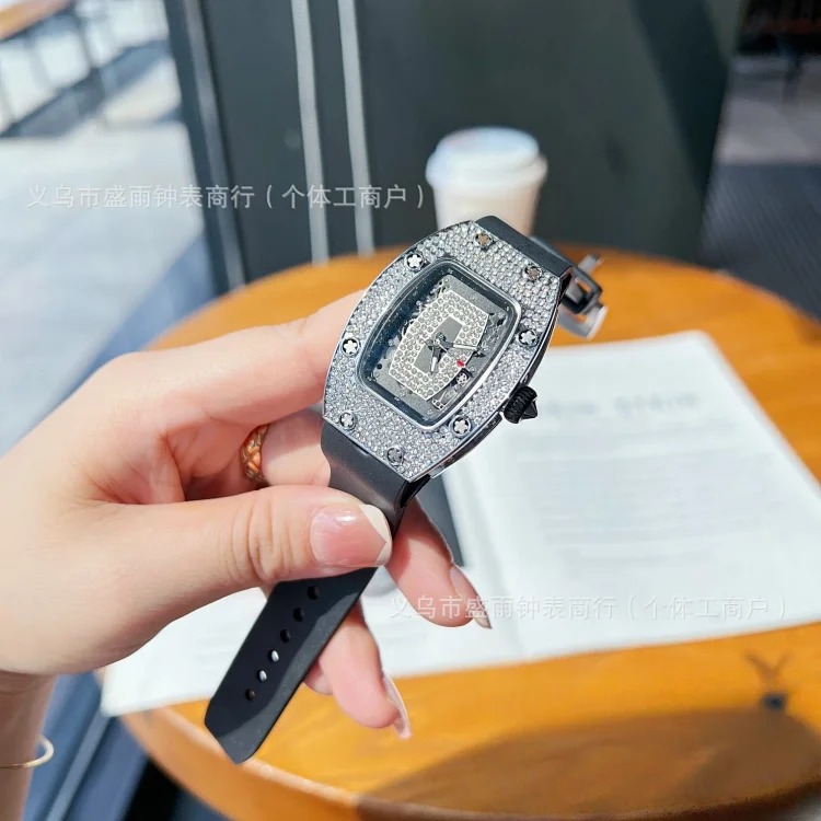 Richard's same style women's hollow quartz watch, barrel-shaped diamond-encrusted silicone band, fashionable and simple women's watch, full diamond watch
