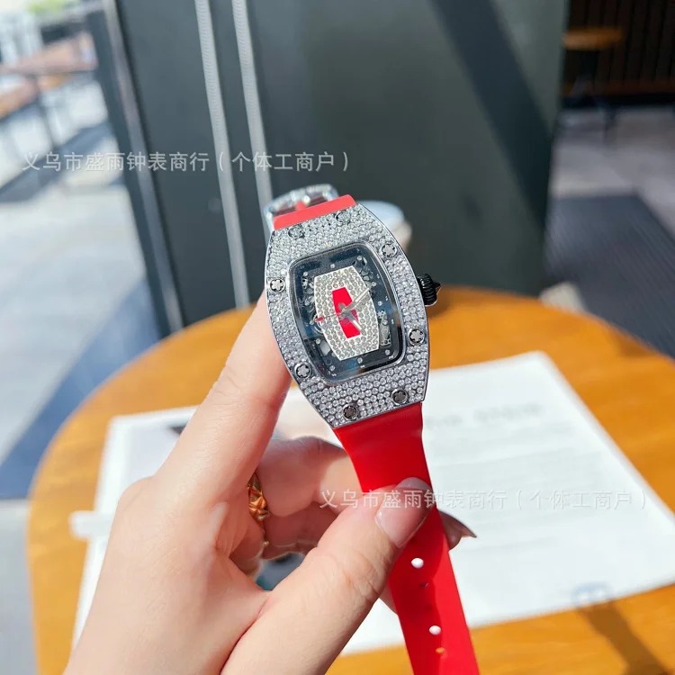 Richard's same style women's hollow quartz watch, barrel-shaped diamond-encrusted silicone band, fashionable and simple women's watch, full diamond watch